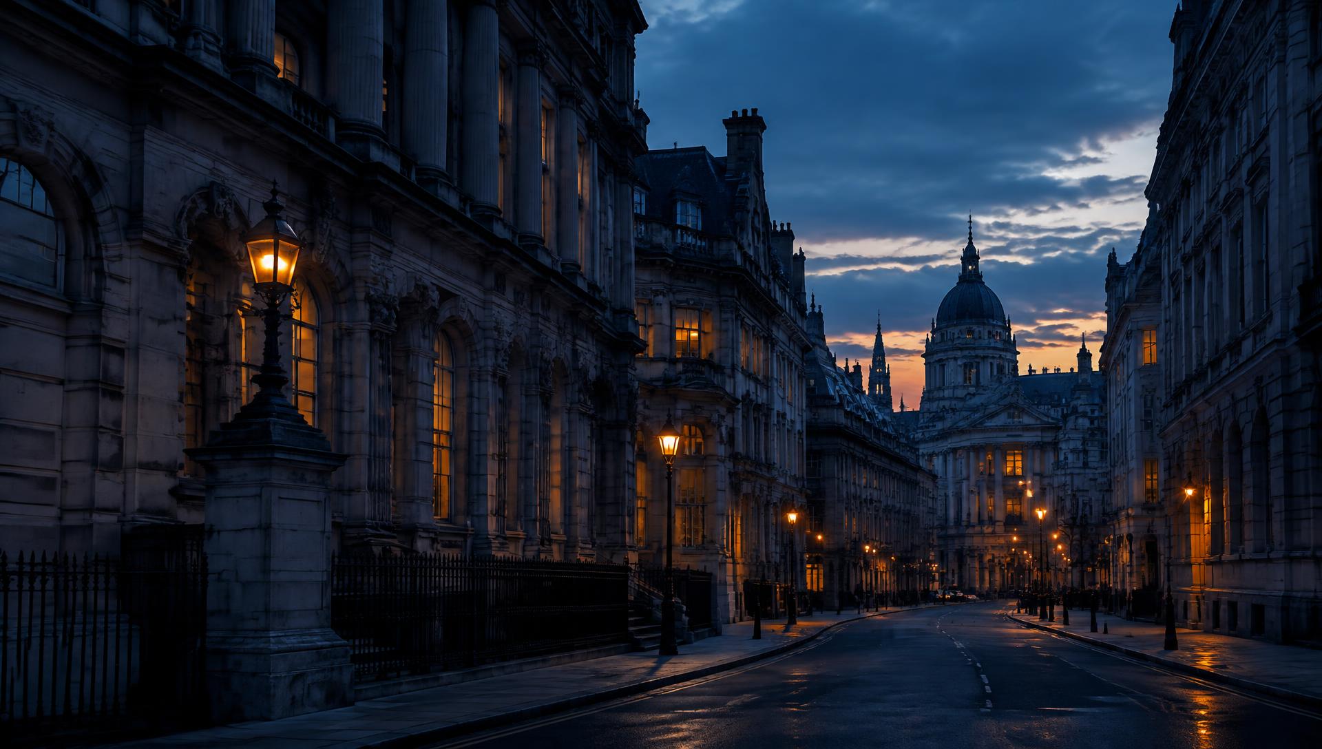 Buildings of the London legal district at dusk